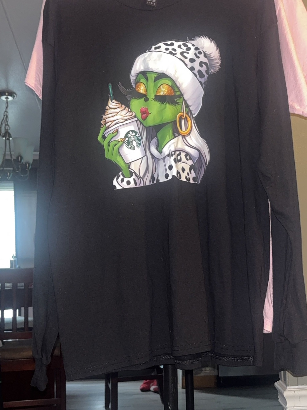 Gildan Black Long-Sleeve Top with Green Character and Leopard Hat Graphic